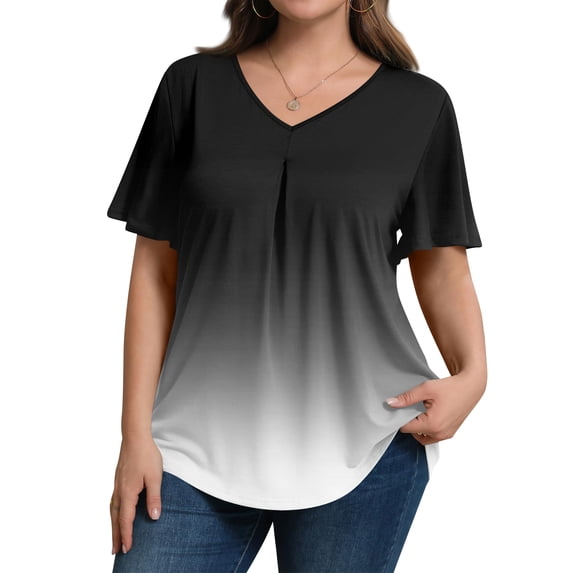 CIENVNSTG Womens Summer Tops Short Sleeve V Neck T Shirts Loose Fit Blouses Trendy Casual Tops Tee Black XL
