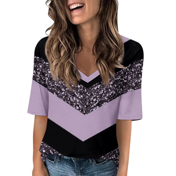 CIENVNSTG Womens T Shirts V Neck 3/4 Length Sleeve T Shirts Spring Summer Elbow Length Tops Basic Dressy Casual Workout Blouses 2026 Light Purple 3XL