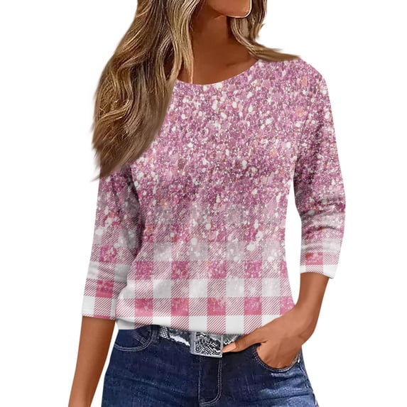 CIENVNSTG Womens Tops 3/4 Length Sleeve Crew Neck Shirt Summer Fashion Printed Tunic Tops Basic Tees Blouses Loose Fit Pullover Light pink XXL