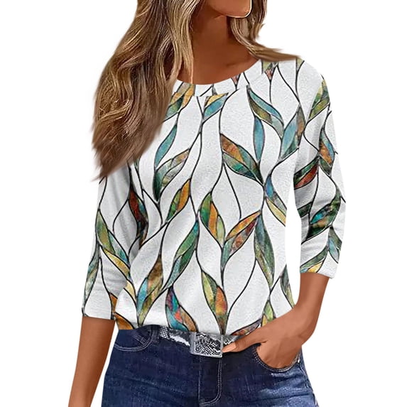 CIENVNSTG Womens Tops 3/4 Length Sleeve Crew Neck Shirt Summer Fashion Printed Tunic Tops Basic Tees Blouses Loose Fit Pullover Mint Green M