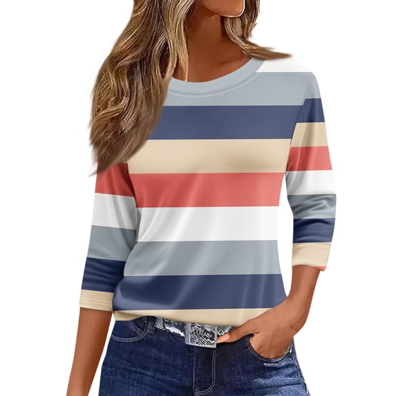 CIENVNSTG Womens Tops 3/4 Length Sleeve Crew Neck Shirt Summer Fashion Printed Tunic Tops Basic Tees Blouses Loose Fit Pullover Multicolor L