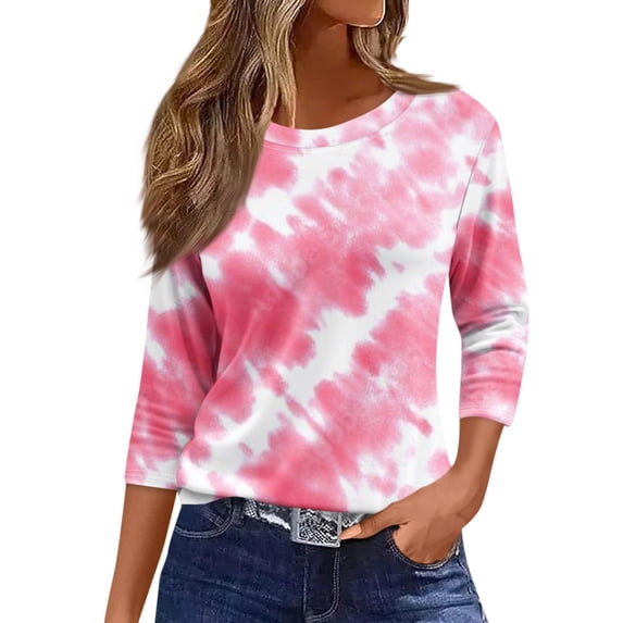 CIENVNSTG Womens Tops 3/4 Length Sleeve Crew Neck Shirt Summer Fashion Printed Tunic Tops Basic Tees Blouses Loose Fit Pullover Pink XXL