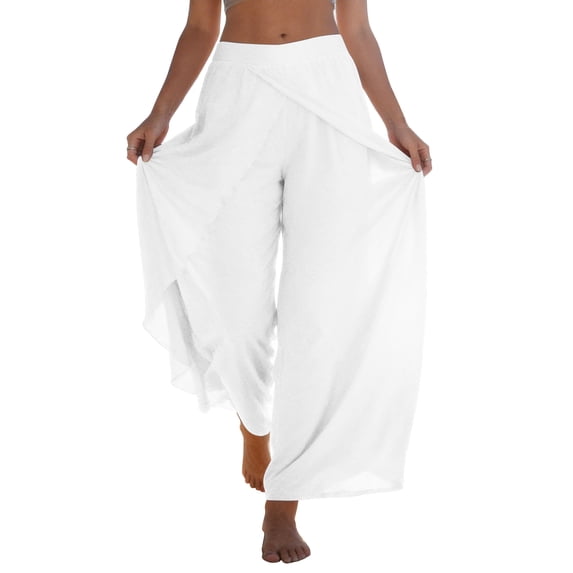 CIENVNSTG Womens Wide Leg Flowy Pants Casual Beach Flowy Yoga Workout Palazzo Trousers White M