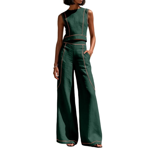 CIENVNSTG Workout Sets For Women Sleeveless Crop Top Wide Leg Pants 2 Piece Outfit Cruise Travel Beach Vacation Clothes With Pocket 2XL