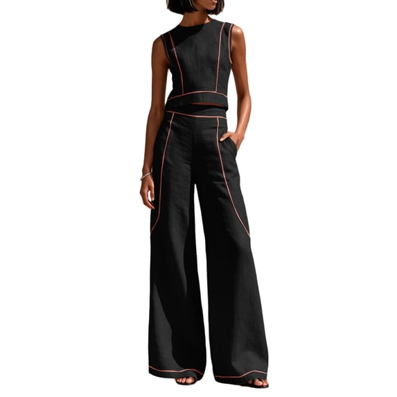CIENVNSTG Workout Sets For Women Sleeveless Crop Top Wide Leg Pants 2 Piece Outfit Cruise Travel Beach Vacation Clothes With Pocket L