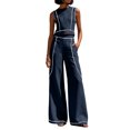 thumbnail image 1 of CIENVNSTG Workout Sets For Women Sleeveless Crop Top Wide Leg Pants 2 Piece Outfit Cruise Travel Beach Vacation Clothes With Pocket L, 1 of 7