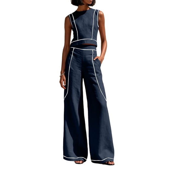 CIENVNSTG Workout Sets For Women Sleeveless Crop Top Wide Leg Pants 2 Piece Outfit Cruise Travel Beach Vacation Clothes With Pocket L