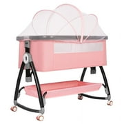 CIESMSI 3 in 1 Baby Bassinet Bedside Sleeper for Infant Girls W/ Wheels,Mosquito Net,Portable Crib Height Adjustable, Easy Folding，Pink