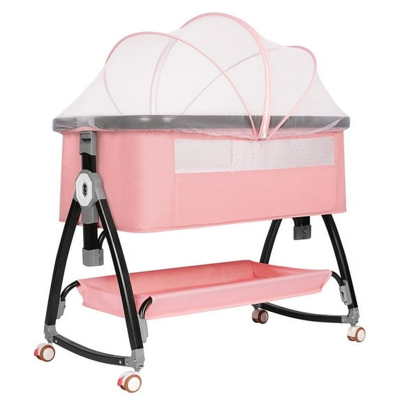 CIESMSI 3 in 1 Baby Bassinet Bedside Sleeper for Infant Girls W/ Wheels,Mosquito Net,Portable Crib Height Adjustable, Easy Folding，Pink