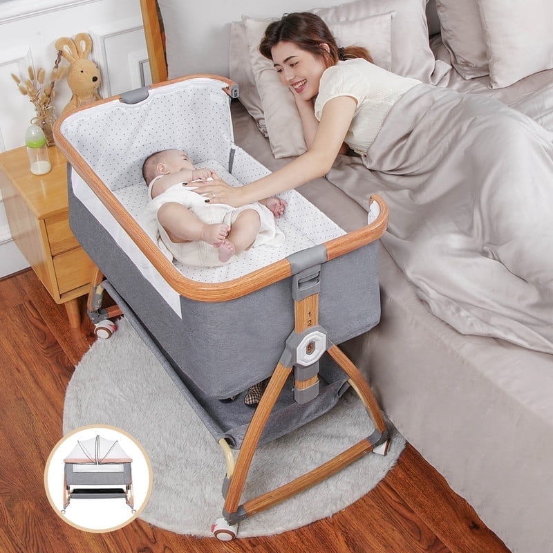 4-in-1 Baby Bassinet & Bedside Sleeper - 6 Height Adjustable With Mosquito Net & Storage Basket