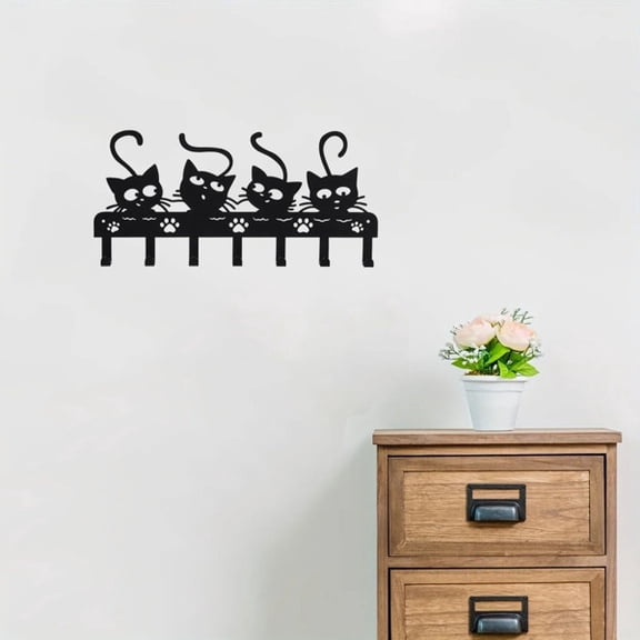 CIFBUY 1pc Black Cat Metal Wall Hook Rack 7-Hook Decorative Key Holder & Towel Hanger for Entryway, Kitchen, or Bedroom
