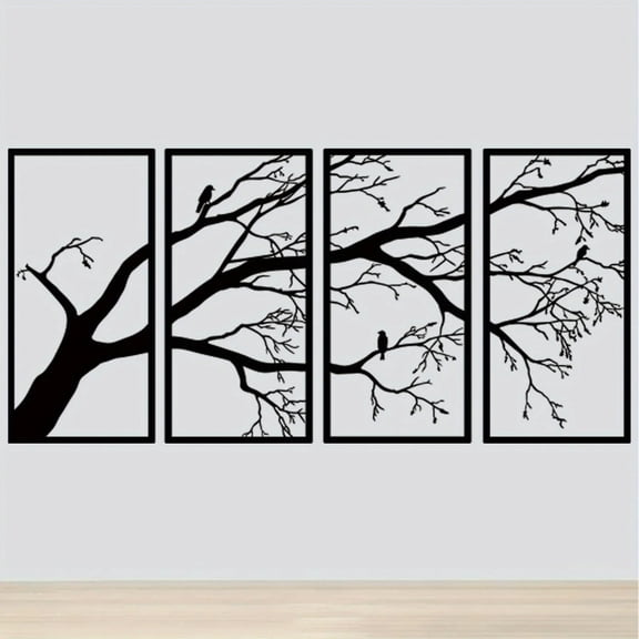 CIFbuy Nature Theme 4 Panel Wall Art Iron Bare Branch Bird Minimalist Home Decor