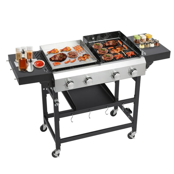 CIG GARDEN 4-Burner Propane Gas Grill and Griddle Combo, 42,000 BTU Output BBQ Grill with Cast Iron Grates, Perfect for Outdoor Cooking, Balcony