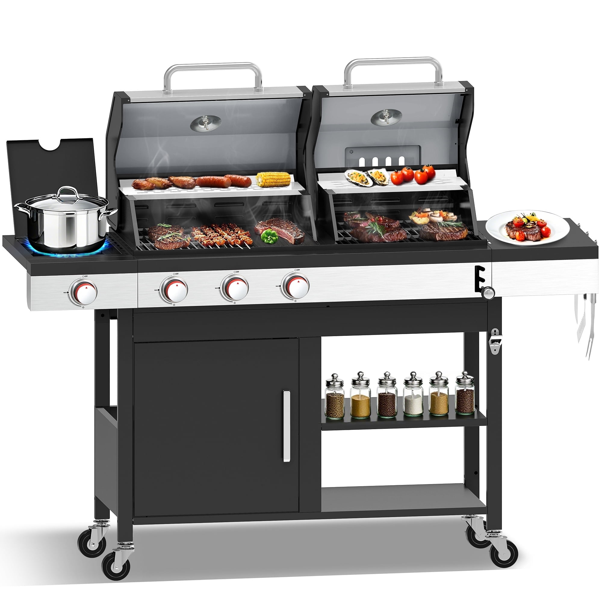 CIG GARDEN 3 Burner Propane Gas and Charcoal Grill Combo with Side Burner,41,500 BTU Dual Fuel BBQ Grill with Dual Lids for Outdoor Barbecue