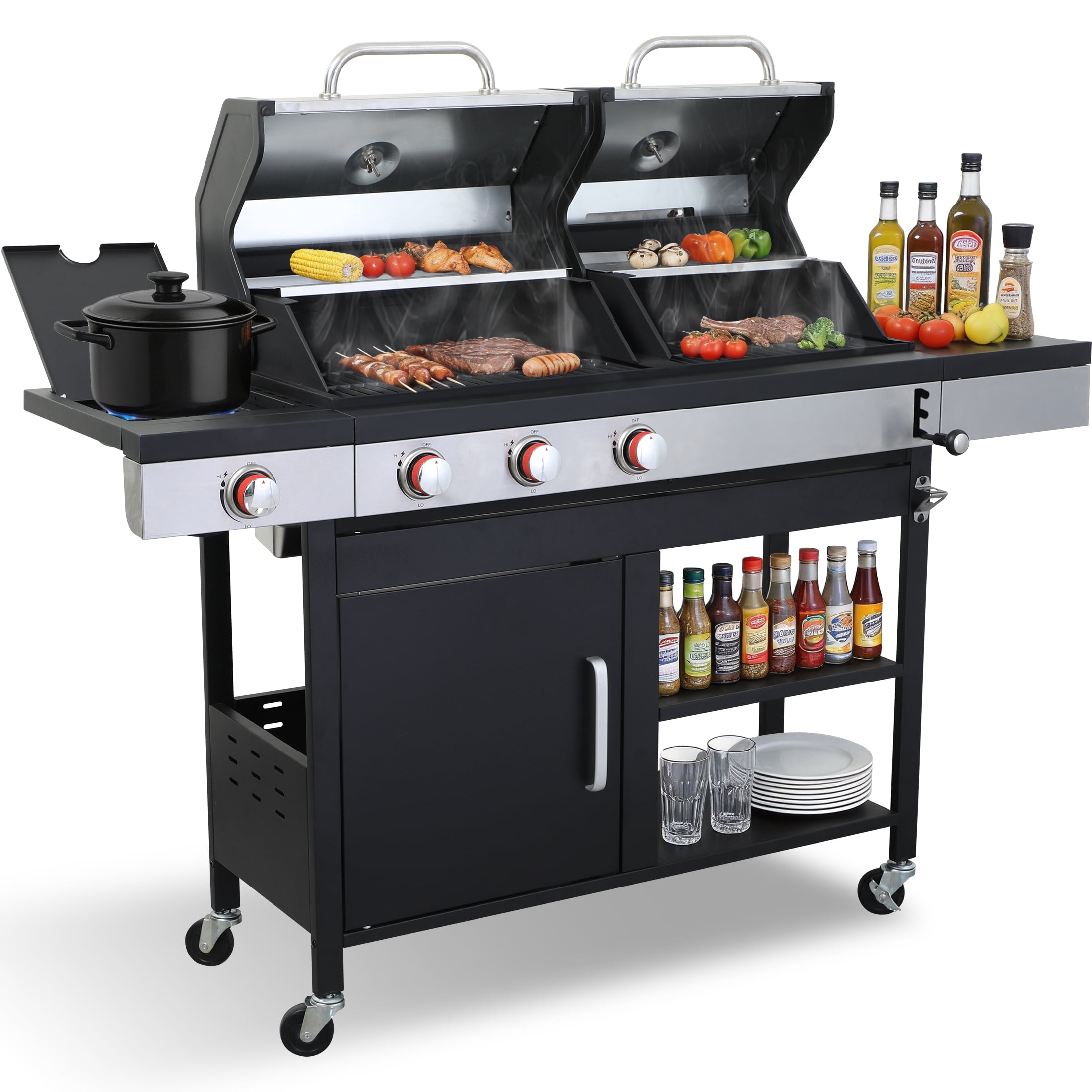 CIG GARDEN 3 Burner Propane Gas and Charcoal Grill Combo with Side Burner,41,500 BTU Dual Fuel Bbq with Dual Lids for Outdoor Barbecue