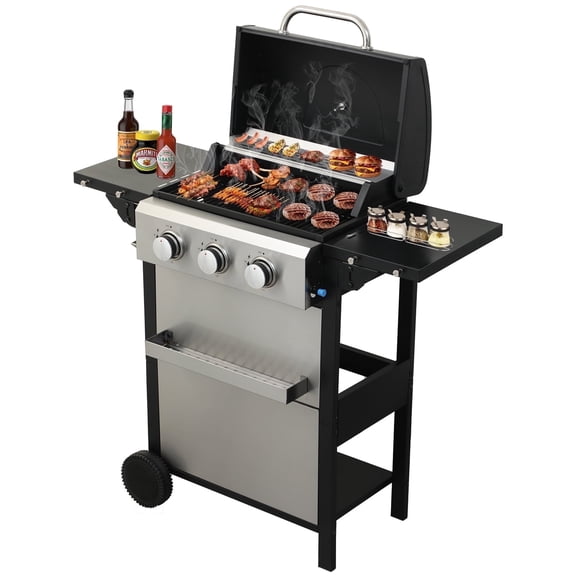 CIG GARDEN 3-Burner Propane Gas Grill,Outdoor Barbecue Grill with 2 Foldable Side Tables,Double-Layer Stainless Steel Grill Lid with Cast Iron Grates