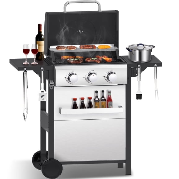 CIG Garden 3-Burner Propane BBQ Grill, Outdoor Barbecue with Side Shelf & Enameled Cooking Grids, 31,500 BTU Stainless Steel Grill