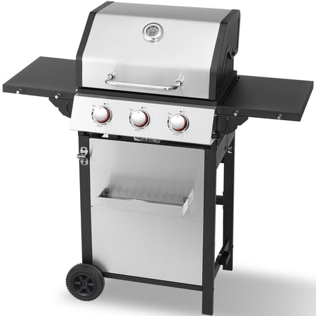 CIG GARDEN 3-Burner Propane Gas Grill with Folding Side Tables, Double-Wall Insulated Lid, and Full-Size Grease Tray