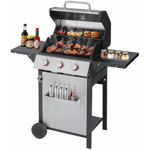 CIG GARDEN 3-Burner Propane Gas Grill,Outdoor Gas Barbecue Grill with 2 Foldable Side Tables,Double-layer Stainless Steel Grill Lid with Cast Iron Grates,31500 BTU Output BBQ Grill for Camping