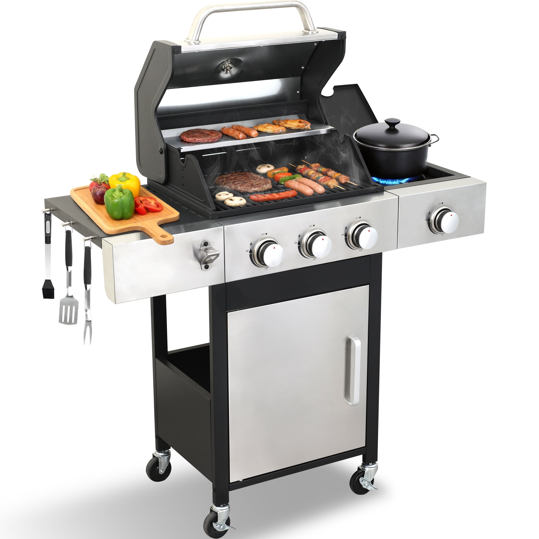 CIG GARDEN 3-Burner Propane Gas Grill with Side Burner,41,500 BTU Output Double-Layer Stainless Steel BBQ Lid with Cast Iron Grates
