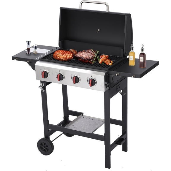 CIG GARDEN 4-Burner Gas Grill, 42,000 BTU Outdoor BBQ with Cast Iron Grates & Side Burner - Backyard, Patio, Camping Grill