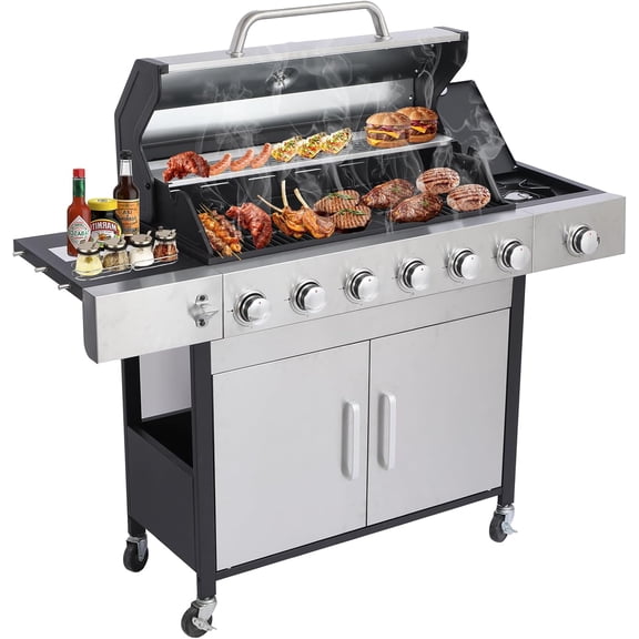 CIG GARDEN 6 Burner Propane Gas Grill With Side Burner,3 in 1 Gas BBQ Grill,73000 BTU Outdoor Barbecue Propane Griddle Grill combo for Camping, Patio, Backyard
