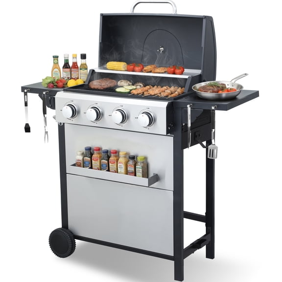 CIG GARDEN 4-Burner Propane Gas Grill with Folding Side Tables, Full-Size Grease Tray, and Removable Grease Cup