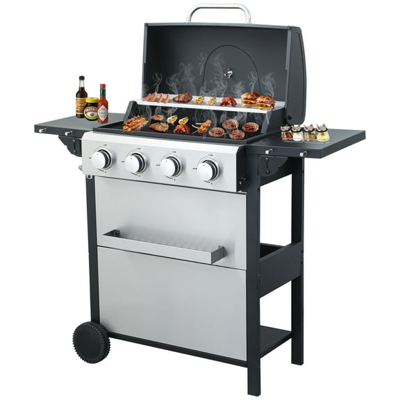 CIG GARDEN 4-Burner Propane Gas Grill, 42,000 BTU Powerful Barbecue Grill with Porcelain-Enameled Grates, with 2 Foldable Side Tables