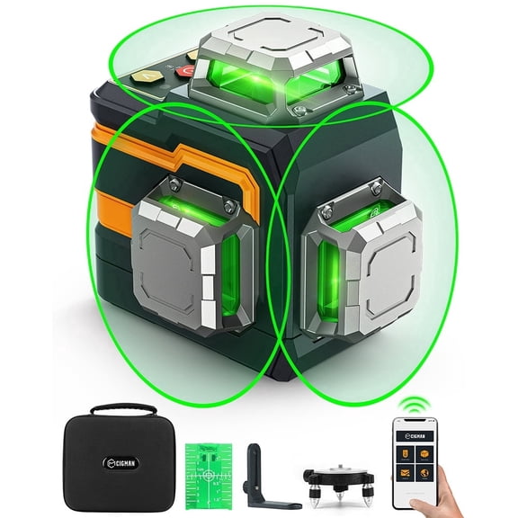 CIGMAN 100 ft 3 x 360 12-Line Green Laser Level, Self-Leveling Cross Line Laser with Bluetooth App Control, Shockproof ABS ,USB-C Rechargeable
