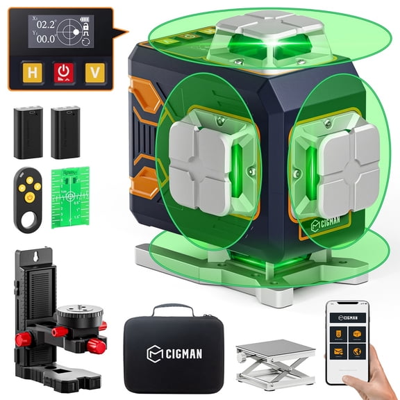CIGMAN 100 ft 4 x 360 16-Line Green Laser Level, Self-Leveling Cross Line Laser with Bluetooth App, Remote Control & LCD Display