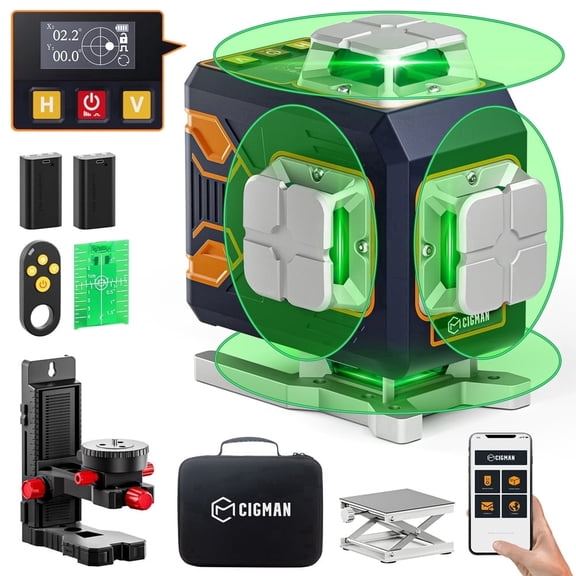 CIGMAN 100 ft 4 x 360 16-Line Green Laser Level, Self-Leveling Cross Line Laser with Bluetooth App, Remote Control & LCD Display