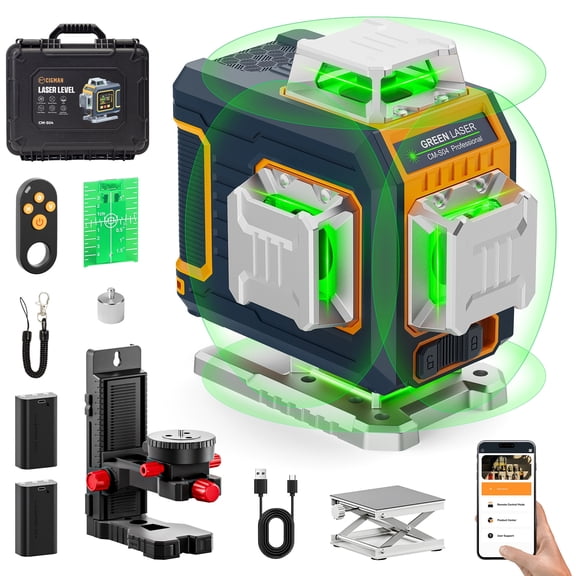 CIGMAN 100 ft 4 x 360 16-Line Green Laser Level, Self-Leveling Cross Line Laser with LCD Display, Fine-Tuning Base & Dual Batteries