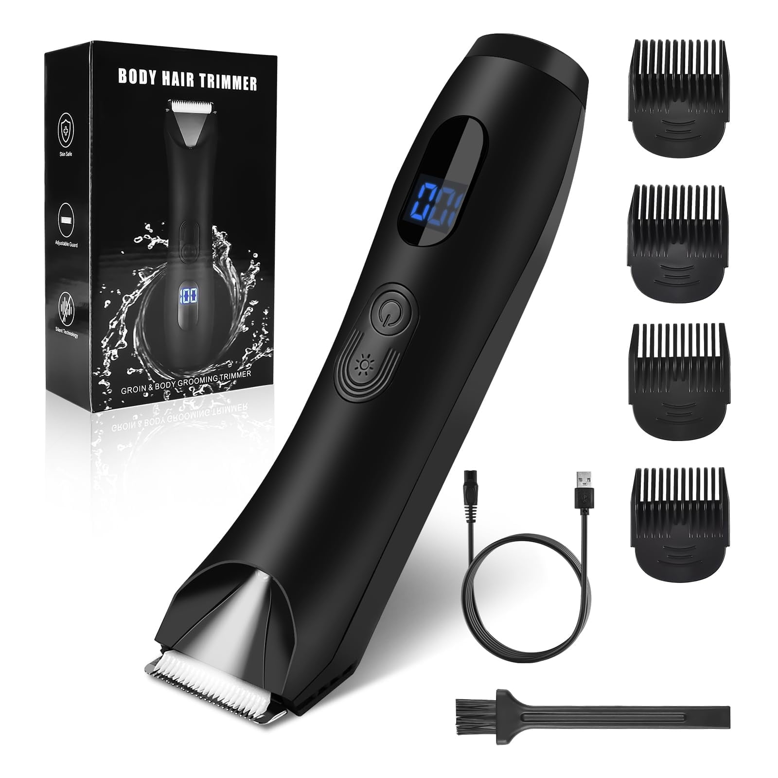 CIICII Body Hair Trimmer for Men, Mens Body Groomer, Electric Pubic/Balls/Groin/Beard Trimmer for Men (7Pcs Rechargeable, SkinSafe Ceramic Blade Heads, LCD Display, Waterproof Cordless Clippers