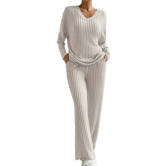 CILENON 2 Piece Outfits Women's Casual Straight Leg Pants Loose V Neck Knit Set Pajama Set Long Sleeve Top Wide Leg Pants Loungewear (Beige,S)
