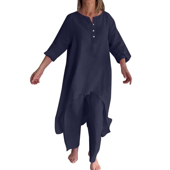 CILENON 2 Piece Sets for Women Solid Color Cotton Linen Pant Sets Casual Long Sleeve Button T Shirt Loose Wide Leg Pants Set Fall Outfits (Navy Blue,S)