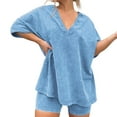 thumbnail image 1 of CILENON 2 Piece Sets for Women Womens Pajamas 2 Piece Outfits Sets Oversized V Neck T Shirts Tops Biker Shorts Set Workout Reversible Tracksuit Summer Outfits Women Summer Outfits (Blue,XL), 1 of 6