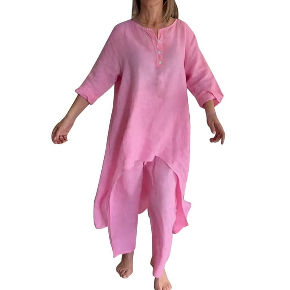 CILENON 2 Piece Sets for Women Solid Color Cotton Linen Pant Sets Casual Long Sleeve Button T Shirt Loose Wide Leg Pants Set Fall Outfits (Pink,L)