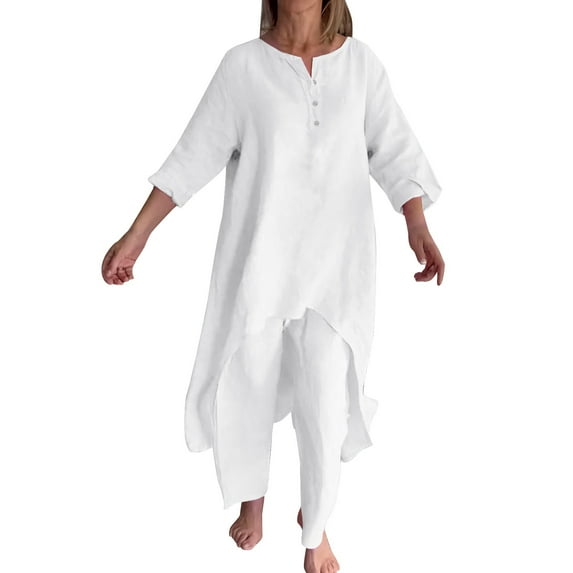 CILENON 2 Piece Sets for Women Solid Color Cotton Linen Pant Sets Casual Long Sleeve Button T Shirt Loose Wide Leg Pants Set Fall Outfits (White,XL)