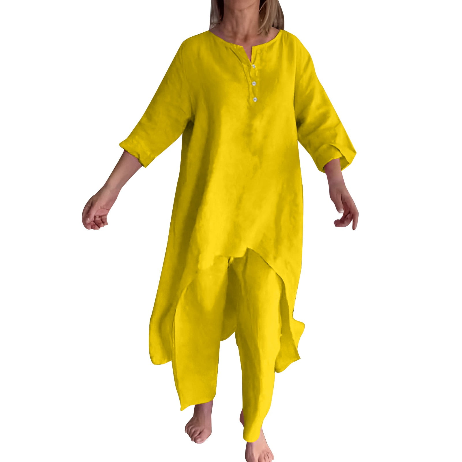 Women's Casual Solid Color Round Neck Mid Sleeve Long Pants Cotton and Linen Two-piece Set