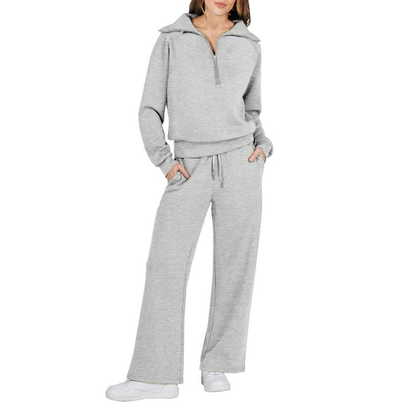 CILENON Active Wear Sets for Women Women Two Piece Outfits Sweatsuit Set Quarter Zip Sweatshirt Wide Leg Sweatpant Fall Set Tracksuit Travel Clothes Women Conjunto Deportivo Para Mujer (Gray,L)