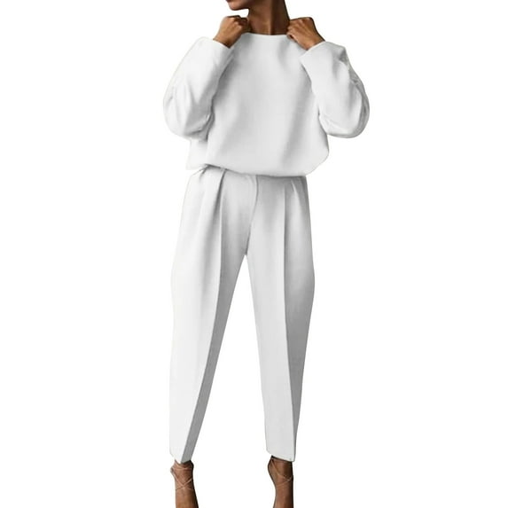 CILENON Airplane Outfits Autumn And Winter Women's Loose Solid Color Long Sleeve Casual Two Piece Set Women Travel Outfit Womens Track Suits 2 Piece Set Jogging Suits for Women(White,M)