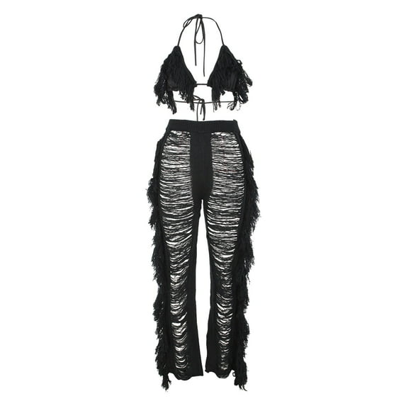 CILENON Airport Outfits for Women 2024 Women's Sexy Tassel Knit Pants Set Conjuntos De 2 Piezas Para Mujer Casual Outfits for Women Plus Size Sets(Black,XL)