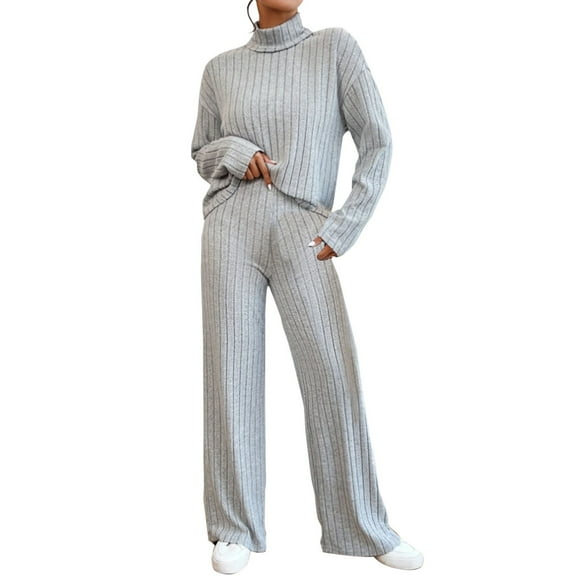 CILENON Airport Travel Outfit Women Women's High Neck 2 Piece Sweatsuit Long Sleeve Knit Sweater Tops Wide Leg Pants Set Outfits Women's Travel Outfits Womens Sweatsuits 2 Piece Set (Gray,XL)