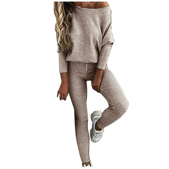CILENON Airport Travel Outfit Women Women's Solid Color Round Neck Sportswear Pullover Fall Winter Casual Set Women's Travel Outfits Womens Sweatsuits 2 Piece Set (Khaki,L)