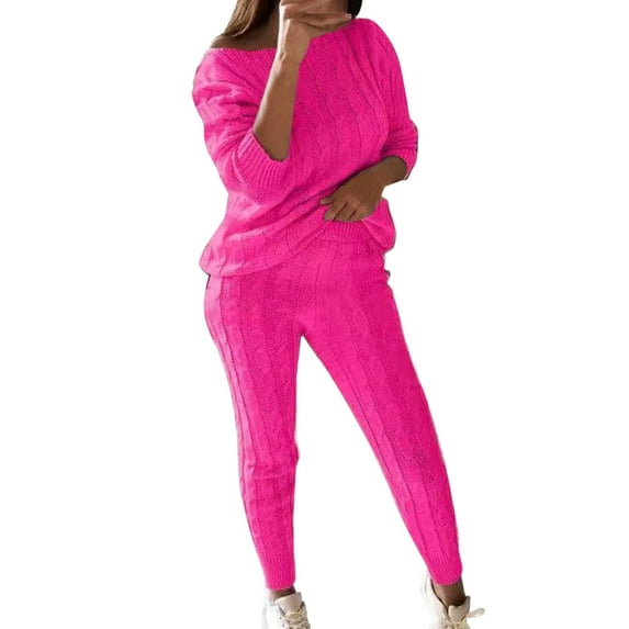 CILENON Athleisure Sets Women Women's Solid Colour Round Neck Sweater Top Trouser Set Travel Outfits for Women 2 Piece Sets Comfy Sets for Women Clothing Womens Travel Outfit(Hot Pink,XXL)