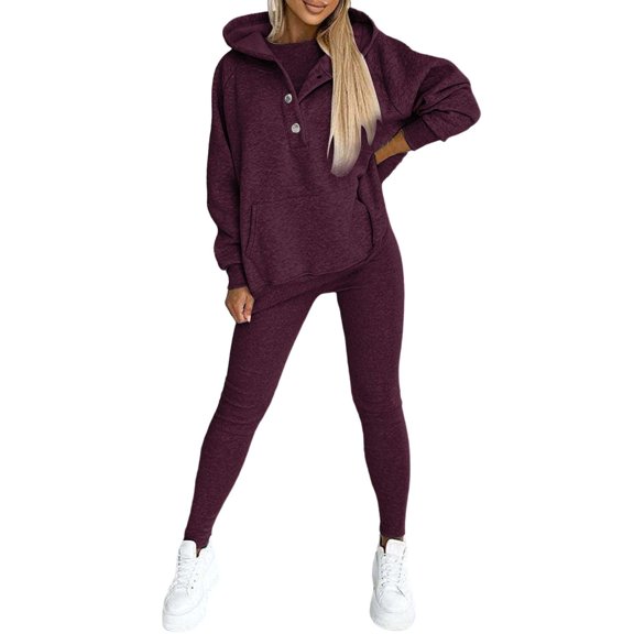 CILENON Best Travel Outfits for Planes 3Pcs Women's Sports Suit Loose Hooded Pockets Sweatshirt And Vest And Slim Trousers Travel Clothes for Women Plus Size Set (Purple,XL)