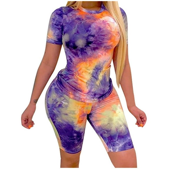 CILENON Black 2 Piece Set for Women Womens Tie-Dye Short Sleeve O-Neck Tops Beach Shorts Summer Sports Casual Set Lounge Wear Sports Wear for Women Conjunto De 2 Piezas Para Mujer(Purple,L)