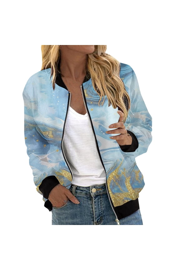 Bomber Jacket Women Autumn Fashion Leisure Square Thin Pocket Jacket Blouse Coat Baseball Top (Light Blue,M)