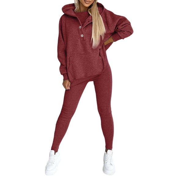 CILENON Casual Outfits for Women 2 Piece Sets 3Pcs Women's Sports Suit Loose Hooded Pockets Sweatshirt And Vest And Slim Trousers Comfortable Travel Outfits for Women (Wine Red,XL)