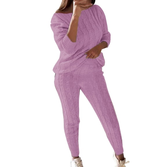 CILENON Casual Outfits for Women Women's Solid Colour Round Neck Sweater Top Trouser Set Plus Size Sets Travel Outfit Womens Sets 2 Piece Outfits(Purple,L)